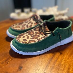 SHEIN Green Faux Suede “Hey Dude” style slip on Shows with Leopard Print